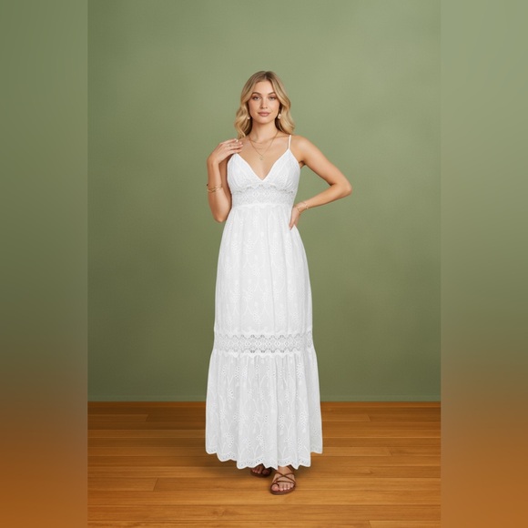 White Spaghetti Strap Maxi Eyelet Dress - Picture 3 of 6